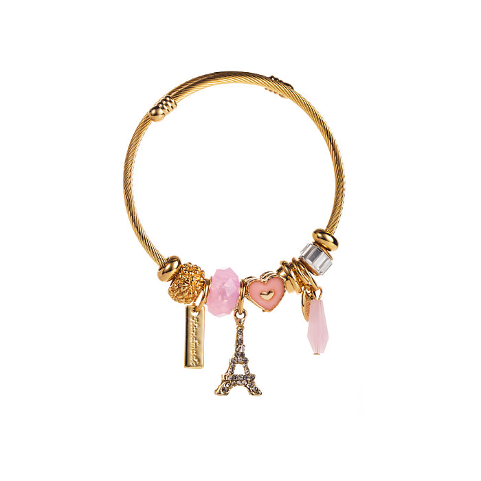 Bracelet plaqué or avec incrustation de strass, streetwear décontracté, tour Eiffel, éléphant, titane, acier