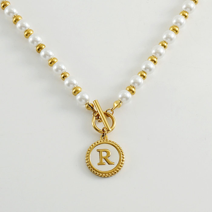 Simple Style Round Letter Imitation Pearl Stainless Steel Inlaid Shell Pendant Necklace 1 Piece