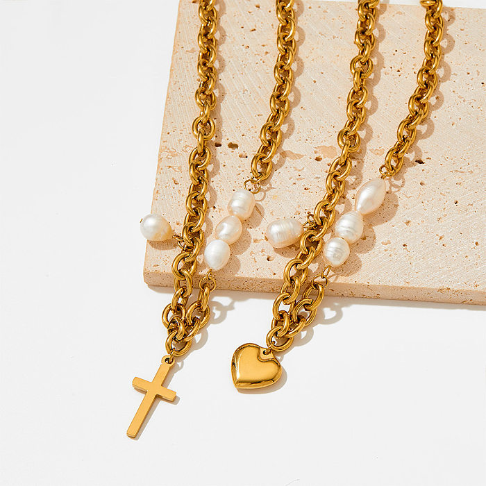 Colar de pérolas de aço inoxidável em formato de coração cruz estilo barroco 1 peça