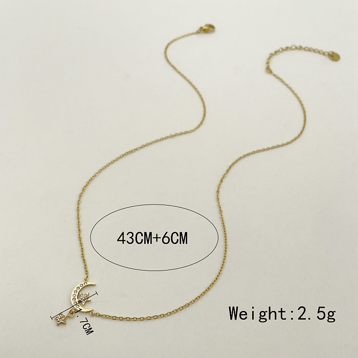 Sweet Artistic Star Moon Stainless Steel  Polishing Plating Inlay Rhinestones Gold Plated Pendant Necklace