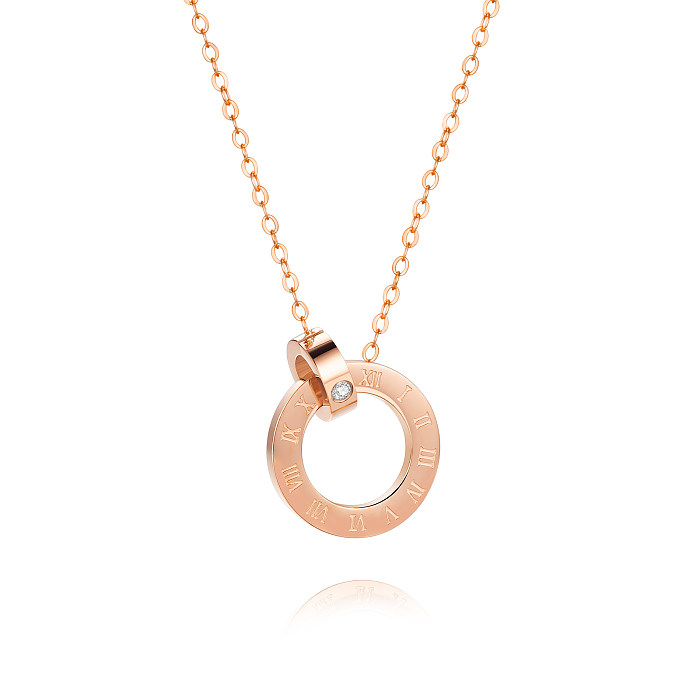 Elegant Lady Modern Style Double Ring Four Leaf Clover Gourd Stainless Steel  Plating Inlay Diamond Rose Gold Plated Pendant Necklace