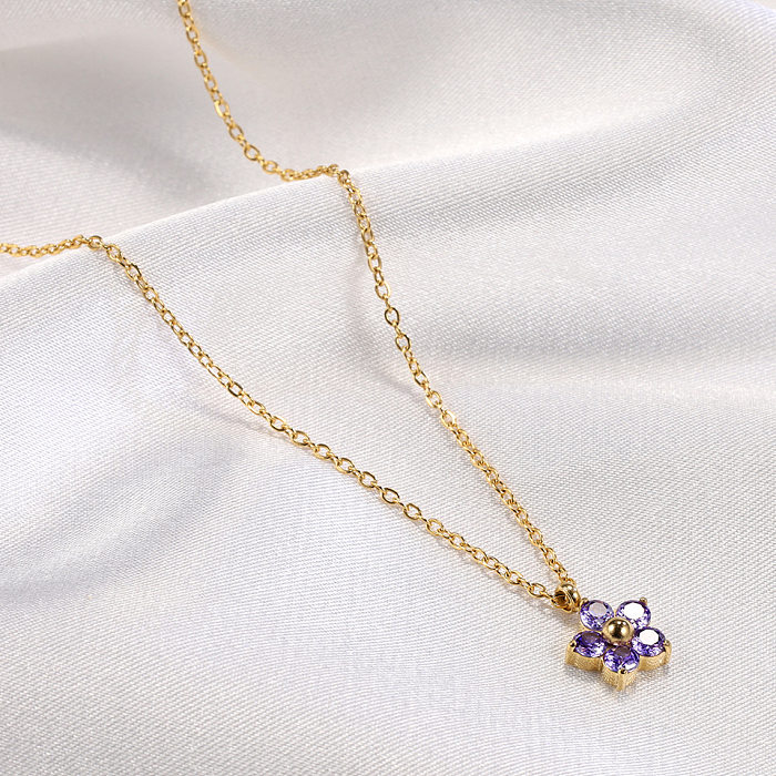 Glam Lady Flower Stainless Steel Plating Inlay Zircon Pendant Necklace