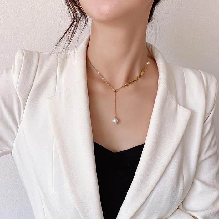 Elegant Vintage Style Grain Stainless Steel Plating Inlay Pearl 18K Gold Plated Pendant Necklace