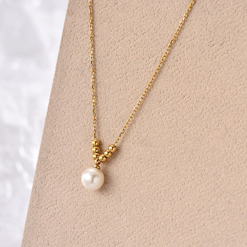 Elegant Simple Style Round Stainless Steel  Beaded Plating Inlay Artificial Pearls 14K Gold Plated Pendant Necklace