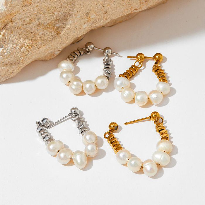 1 Paar Damen-Ohrringe aus Edelstahl mit U-förmigen Perlen und Süßwasserperlen