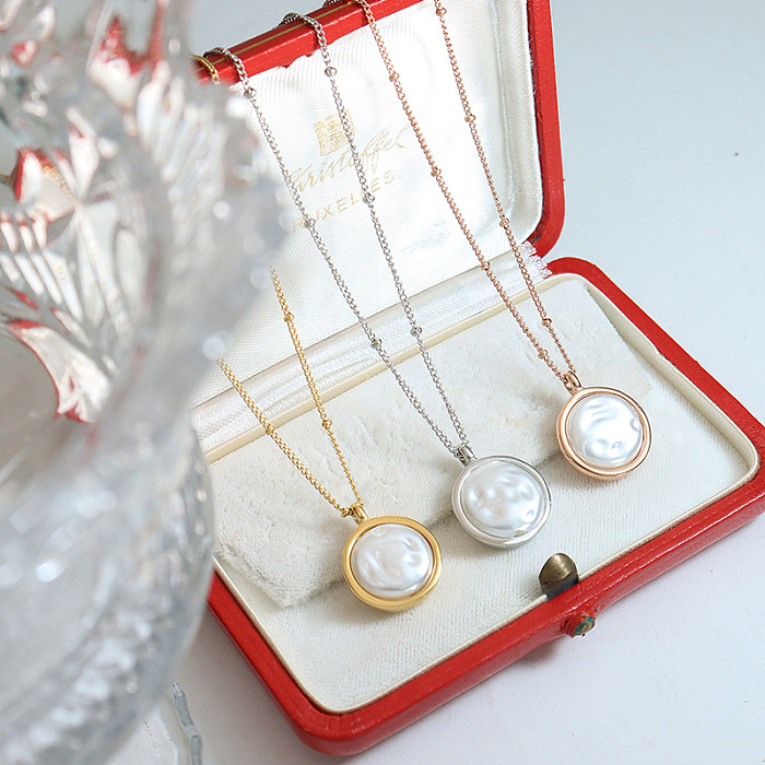 Collier pendentif rond en acier inoxydable, 1 pièce, incrustation de perles artificielles, à la mode
