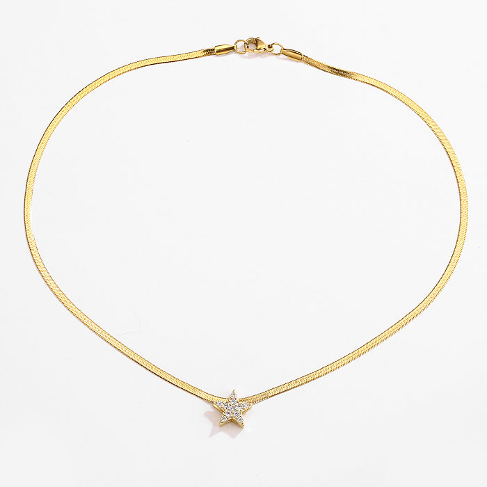 Collar de estrella y corazón con cadena de hoja de acero inoxidable chapado en oro de 18 quilates con microincrustaciones de circonitas