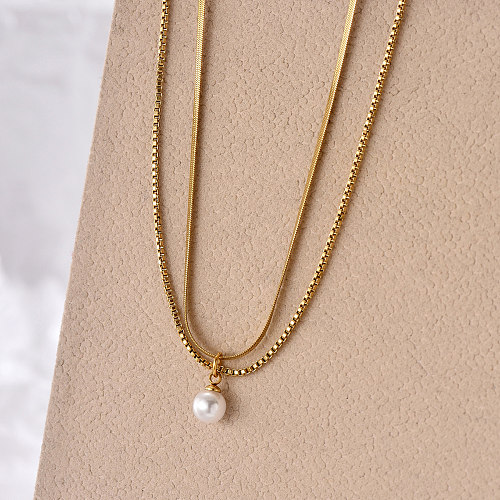 Runde, mehrschichtige Halsketten im modernen Stil aus Edelstahl mit Perlenbeschichtung und 14-Karat-Vergoldung