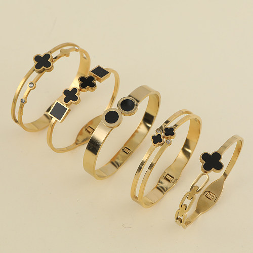 Bracelet plaqué or 18 carats en acier inoxydable avec trèfle à quatre feuilles rétro élégant, vente en gros