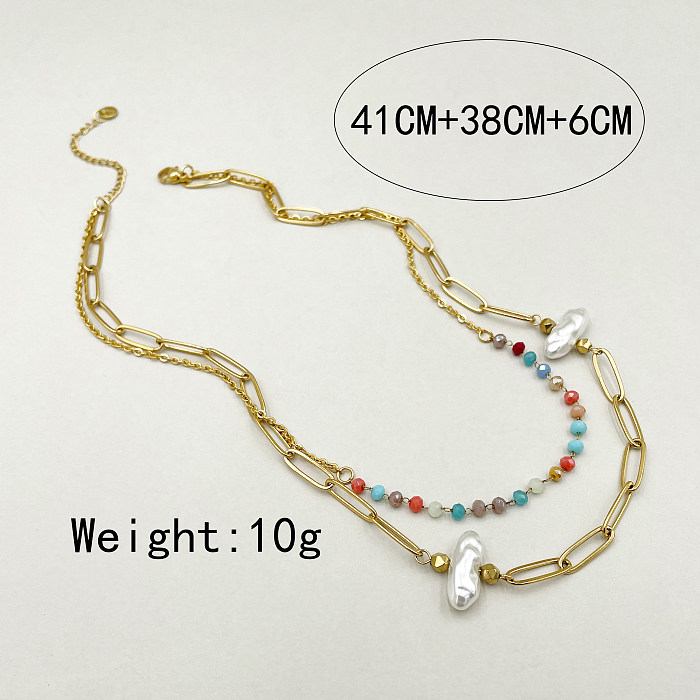 Casual Sweet Irregular Stainless Steel  Imitation Pearl Crystal Polishing Plating Gold Plated Layered Necklaces