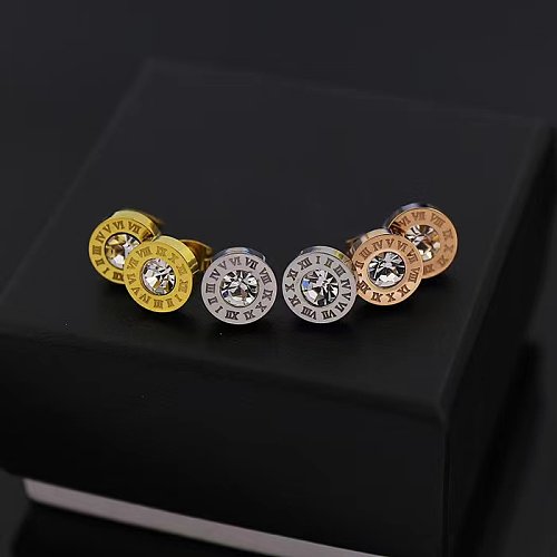 1 Pair Simple Style Round Number Inlay Stainless Steel Glass Ear Studs