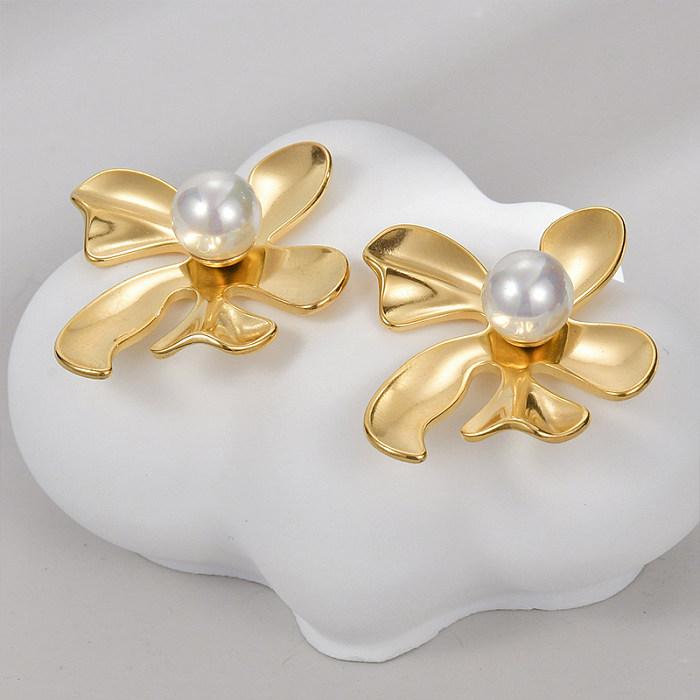 1 Pair IG Style Modern Style Flower Plating Inlay Stainless Steel  Pearl 18K Gold Plated Ear Studs
