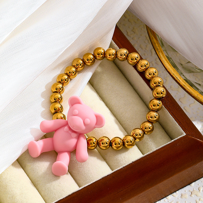Sweet Simple Style Round Bear Stainless Steel Beaded 18K Gold Plated Bracelets