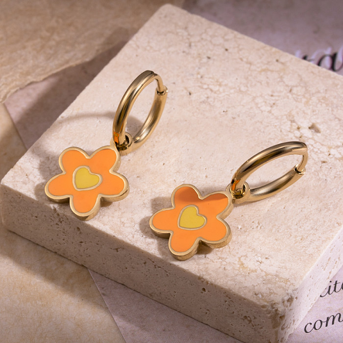 1 Pair French Style Simple Style Double Ring Oval Flower Enamel Plating Stainless Steel  18K Gold Plated Earrings