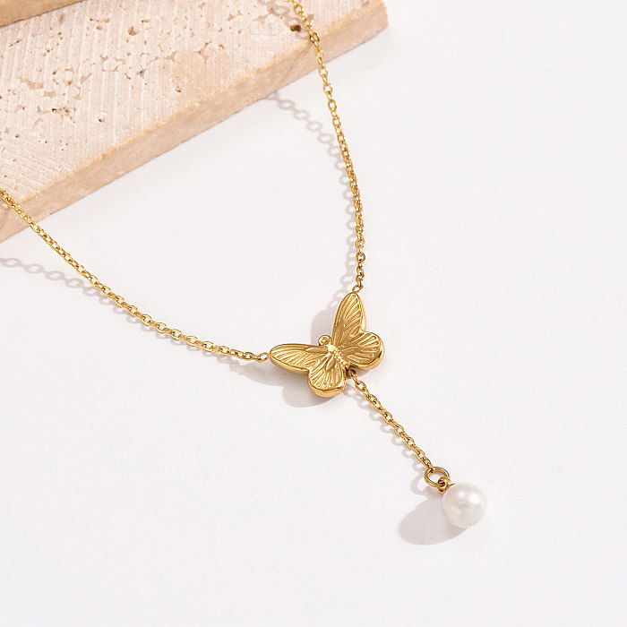 Elegant Simple Style Butterfly Stainless Steel  Plating Inlay Artificial Pearls 14K Gold Plated Necklace