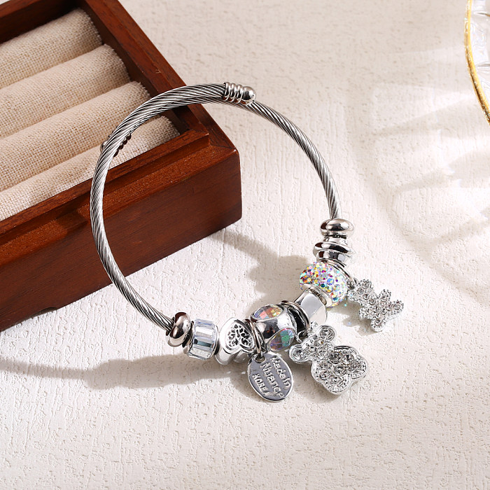 Brazalete de diamantes de imitación con incrustaciones de aleación de acero inoxidable con oso ovalado lindo y elegante