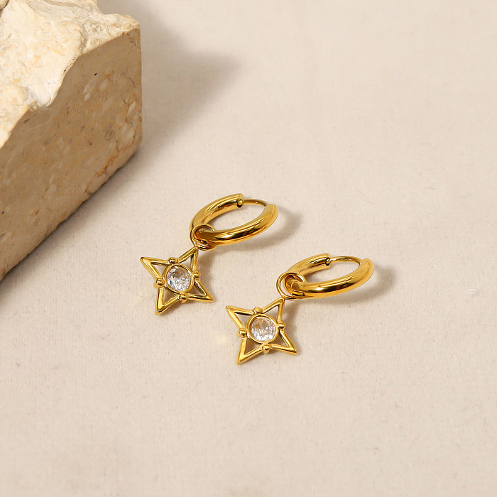 Wholesale 1 Pair Artistic Star Stainless Steel 18K Gold Plated Diamond Drop Earrings