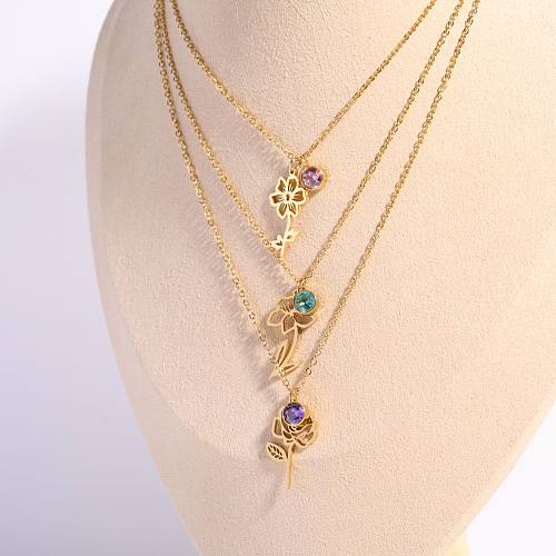 1 Pair Fashion Flower Stainless Steel Inlay Zircon Pendant Necklace