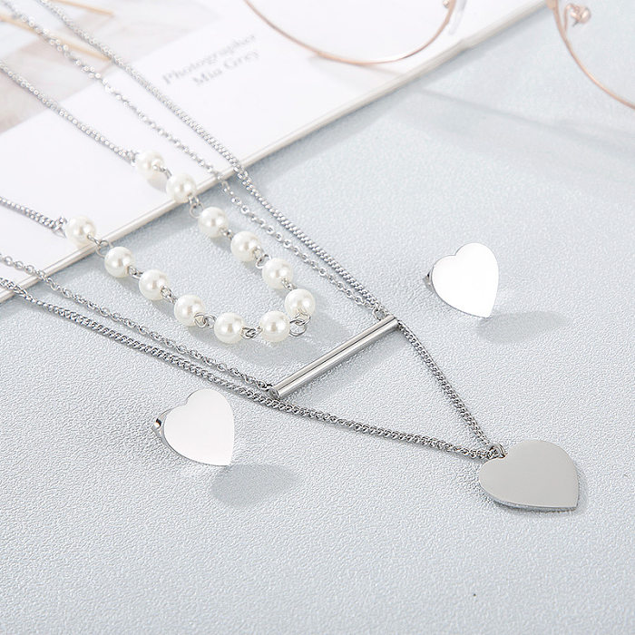 New Fashion Multi-layer Titanium Heart Earrings Necklace Set Wholesale jewelry
