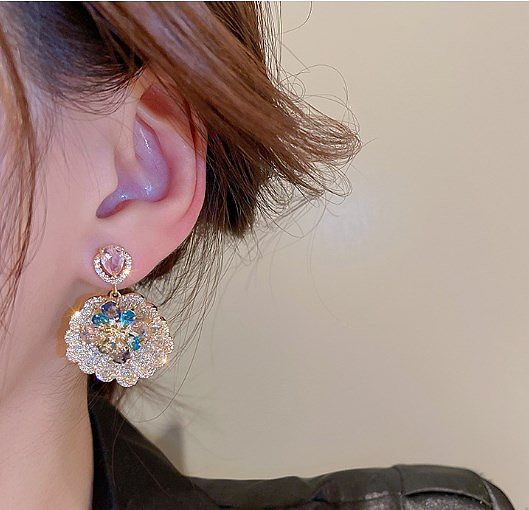 1 paire de boucles d'oreilles luxueuses bohème pour femmes, incrustation de placage géométrique en acier inoxydable et Zircon