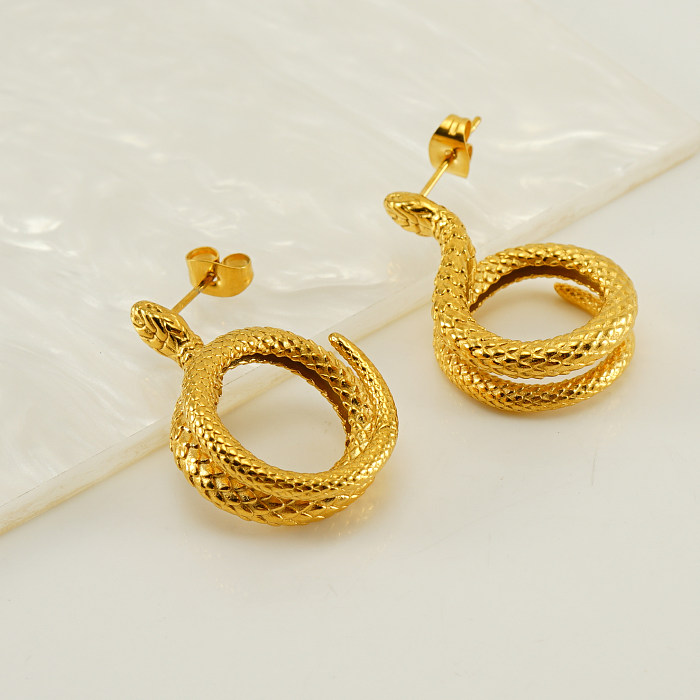 1 par de pendientes elegantes chapados en oro de 18 quilates de acero inoxidable con pulido de serpiente Retro