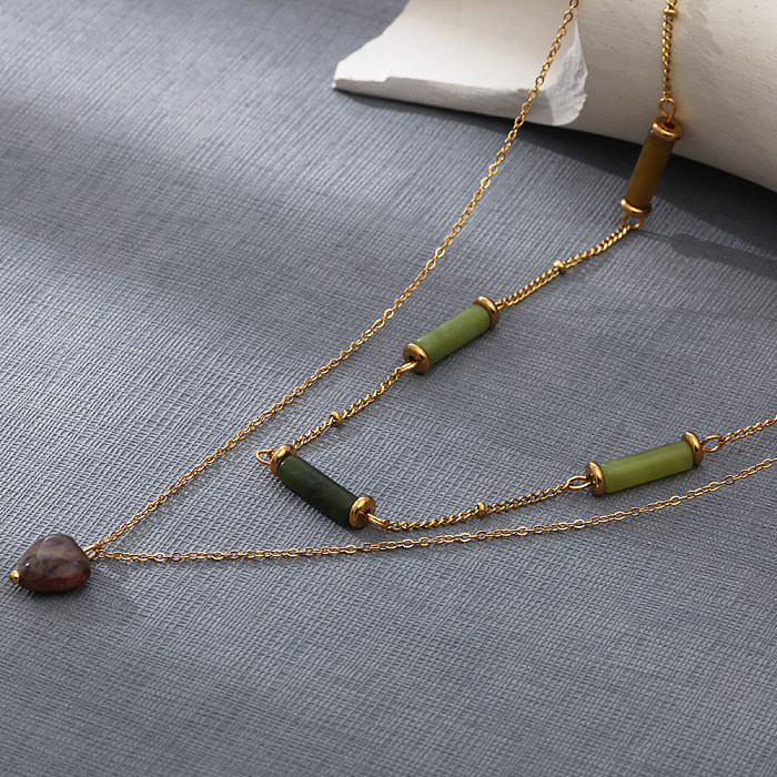 Retro-Halsketten in Herzform aus Edelstahl mit vergoldeten Natursteinen, 1 Stück