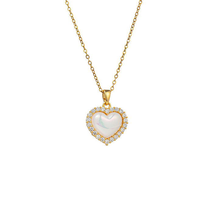 Fashion Heart Shape Stainless Steel Inlay Artificial Pearls Zircon Pendant Necklace 1 Piece