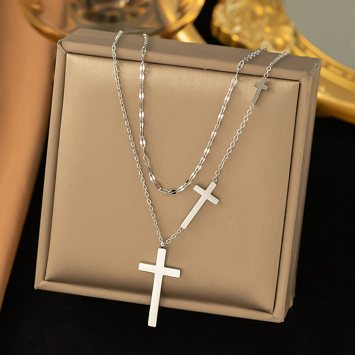 Simple Style Streetwear Cross Stainless Steel Plating 18K Gold Plated Double Layer Necklaces