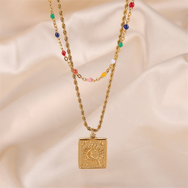 Lässige, doppellagige Halsketten im Hip-Hop-Vintage-Stil mit geometrischer Edelstahlbeschichtung und 18-Karat-Vergoldung