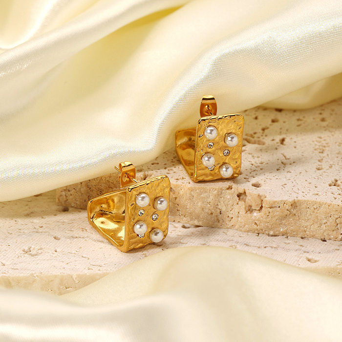 1 Paar lässige quadratische Ohrstecker im IG-Stil mit Inlay aus Edelstahl, Perle und Zirkon, 18 Karat vergoldet