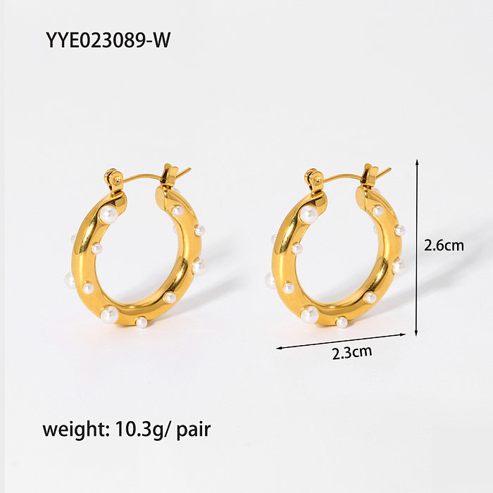 Boucles d'oreilles créoles en Zircon pour femmes, 1 paire, incrustation de placage de points ronds en acier inoxydable, perles artificielles