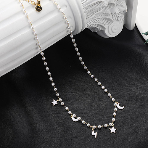 Fairy Style Sweet Pentagram Star Moon Stainless Steel  Pendant Necklace