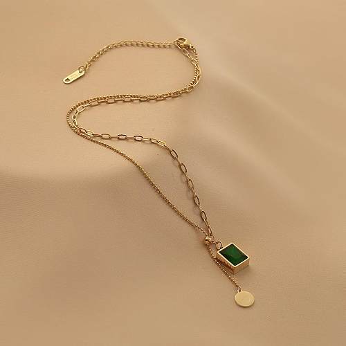 Schlichter Stil, rund, quadratisch, Edelstahl-Beschichtung, Zirkon-Einlage, 18 Karat vergoldete Halskette