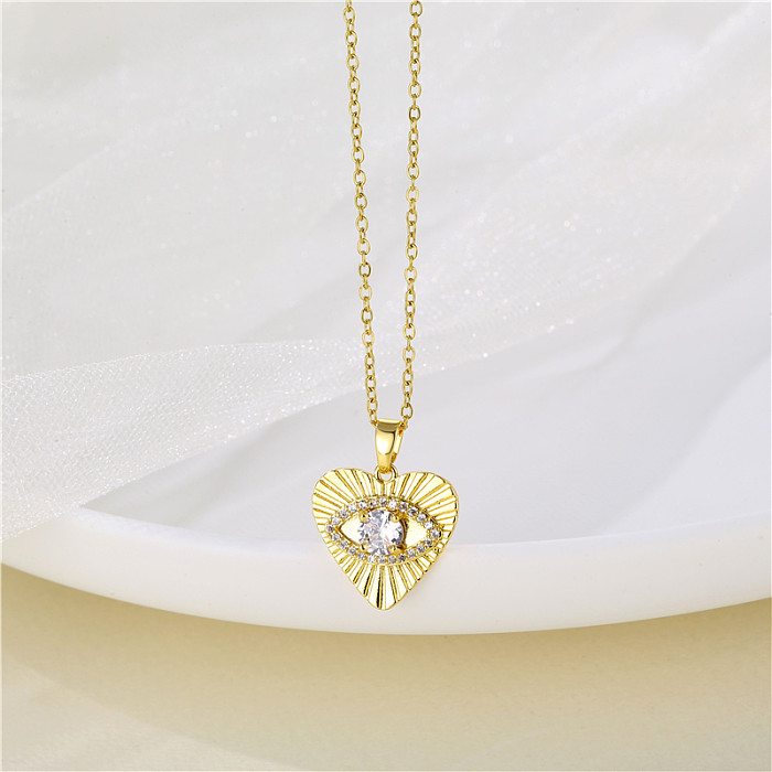 Wholesale Shiny Heart Shape Eye Flower Stainless Steel  Stainless Steel 18K Gold Plated Gold Plated Zircon Pendant Necklace