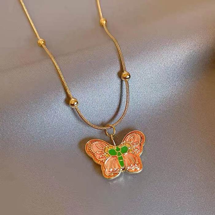 Sweet Butterfly Alloy Stainless Steel Enamel Pendant Necklace