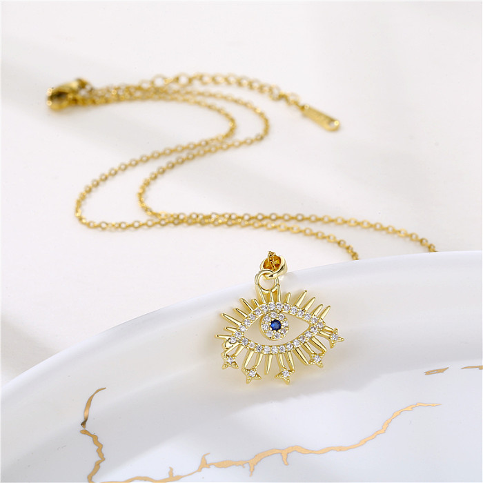 Wholesale Korean Style Heart Shape Eye Flower Stainless Steel  Stainless Steel 18K Gold Plated Gold Plated Zircon Pendant Necklace