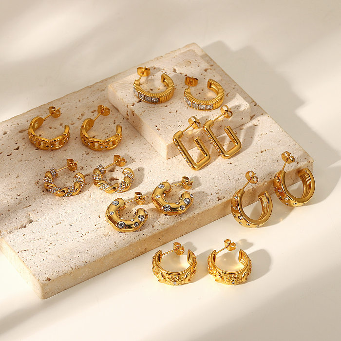 Nouveau Boucles d'oreilles en acier inoxydable, or 18 carats, diamant en forme de C,