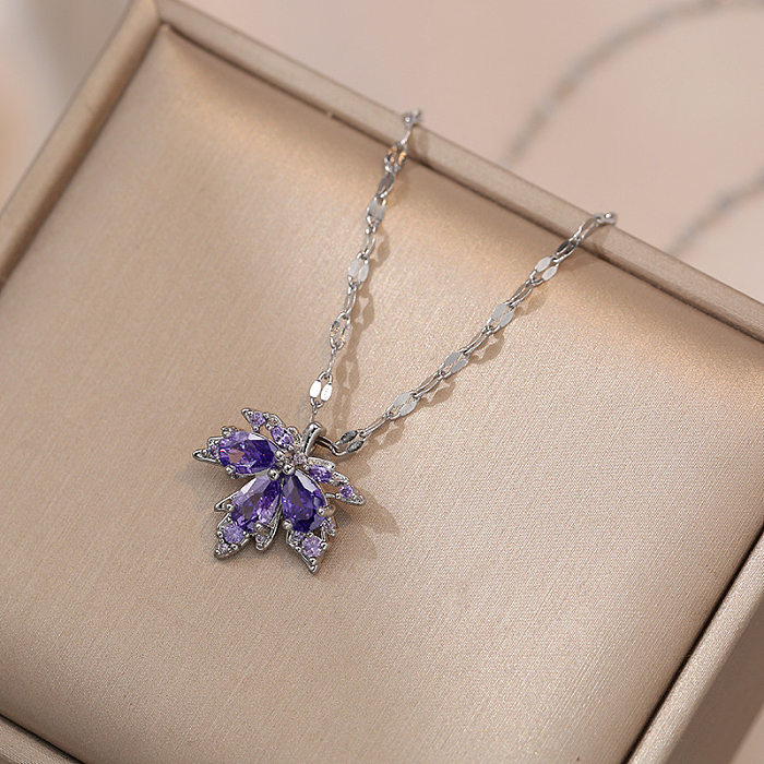 Casual Maple Leaf Stainless Steel Inlay Zircon Pendant Necklace