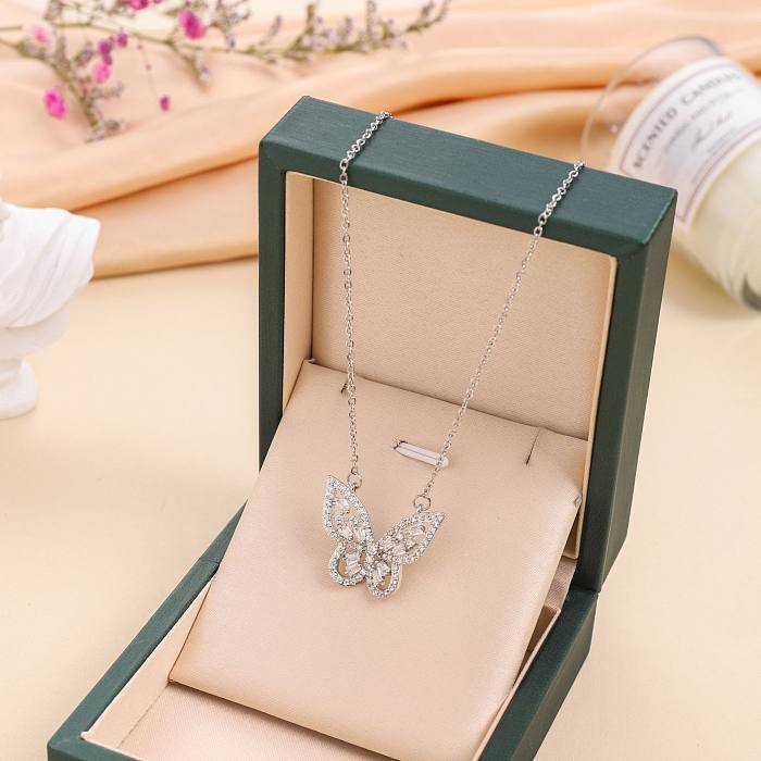 Simple Style Butterfly Stainless Steel Inlay Artificial Diamond Pendant Necklace 1 Piece