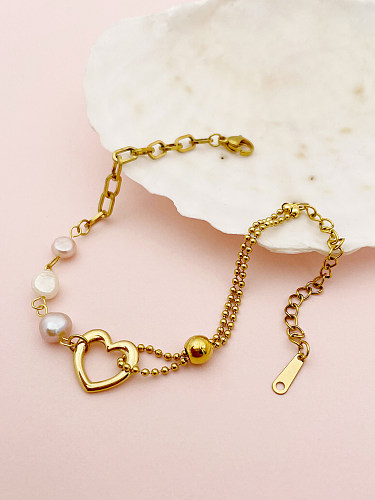 Pulseras chapadas en oro de 14 quilates con dije de perla de imitación de acero inoxidable con forma de corazón para mujer