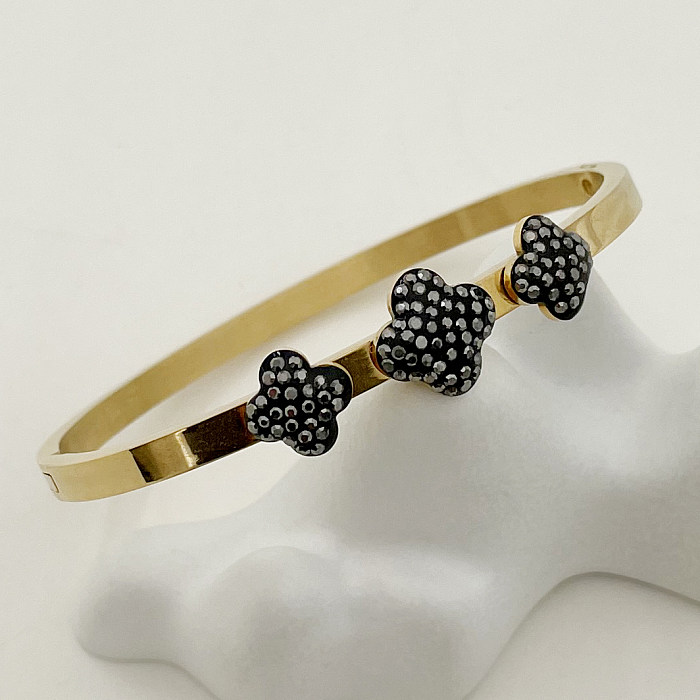Elegant Retro Leaf Four Leaf Clover Infinity Stainless Steel Plating Inlay Rhinestones Gold Plated Bangle
