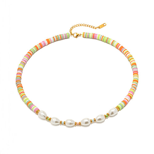 INS Style Retro Classic Style Geometric Stainless Steel  Freshwater Pearl Beaded Pearl 18K Gold Plated Necklace