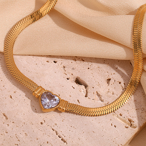 Estilo básico simples estilo clássico formato de coração cor sólida aço inoxidável 18K colar de zircão banhado a ouro a granel