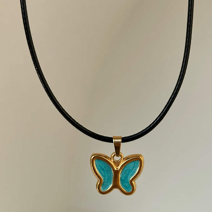 Classic Style Butterfly Stainless Steel Enamel Pendant Necklace