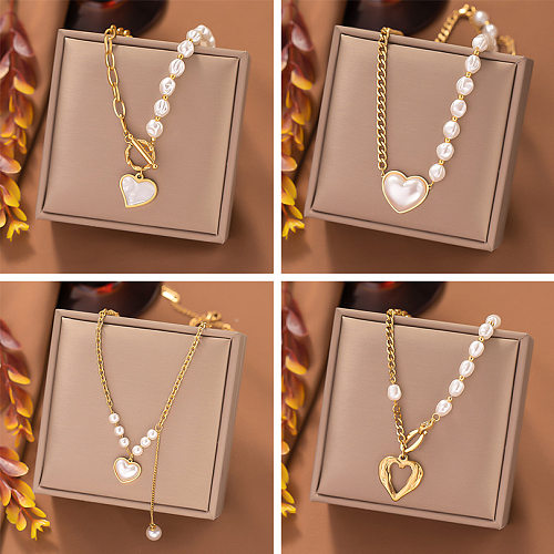 Collier pendentif en forme de cœur, Style Simple, Imitation de perles, en acier inoxydable, placage de perles