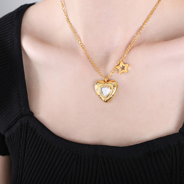 Elegant Shiny Star Heart Shape Stainless Steel Plating Inlay Glass Stone 18K Gold Plated Pendant Necklace