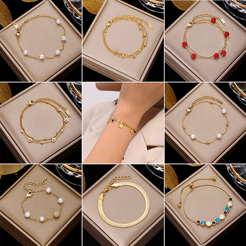 Pulseras de perlas artificiales con incrustaciones de acero inoxidable geométrico de estilo simple