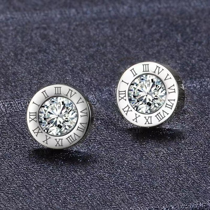 1 Pair Simple Style Round Number Inlay Stainless Steel Glass Ear Studs