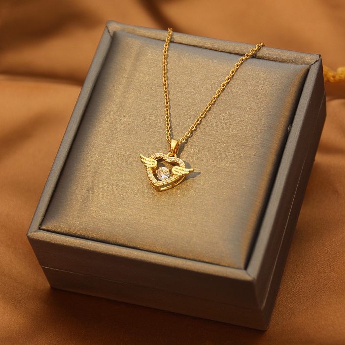 Collar con colgante de diamante artificial con incrustaciones de acero inoxidable con forma de corazón y mariposa a la moda, 1 pieza