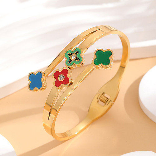 Elegant Vintage Style Flower Titanium Steel Epoxy Plating Inlay Rhinestones Gold Plated Bangle